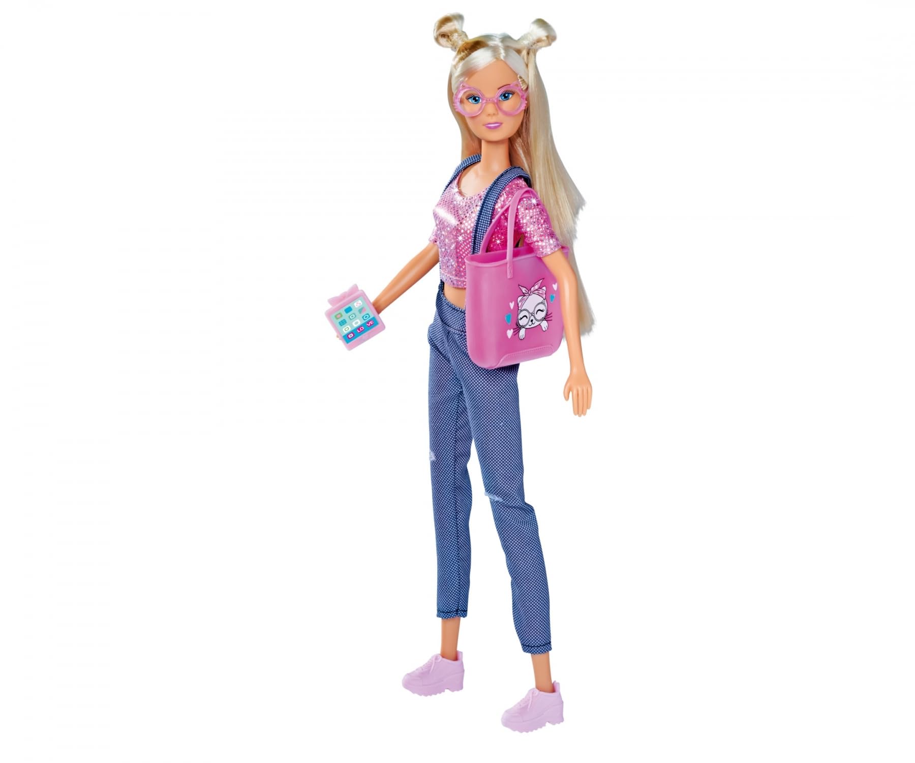 Simba 105733602 - Steffi Love Kitty Fashion, Dressing Doll in a Fashionable Outfit with Glasses and Tablet in Cat Look and Shopper, 29 cm Toy Doll, from 3 Years