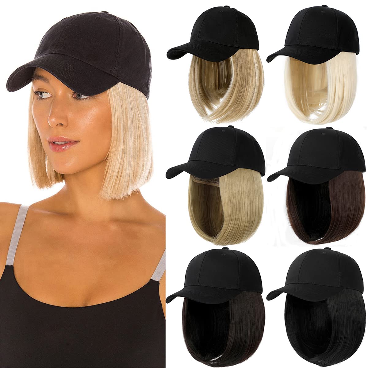 Photo 1 of Qlenkay Baseball Cap with Hair Extensions Straight Short Bob Hairstyle Adjustable Removable Wig Hat 14inch for Woman Girl Ash Blonde Mix Bleach Blonde
