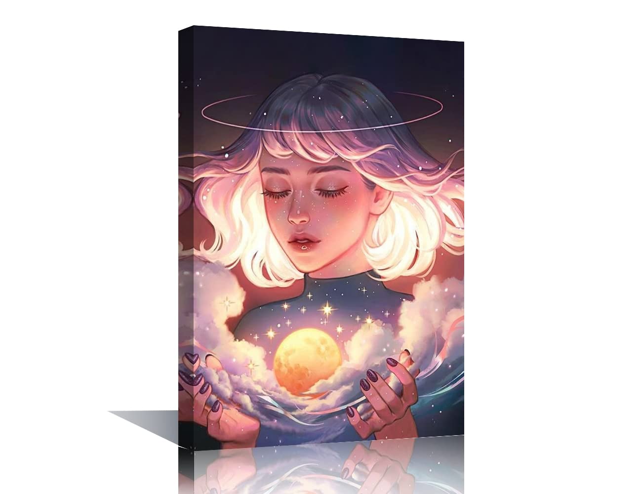 Canvas Wall Art Moon and Girl Painting Print for Bedroom Living Room Bathroom Home Office Wall Decoration Stretch and Wraped with Frame Ready to Hang 16x20inch (40x60cm) — image 1