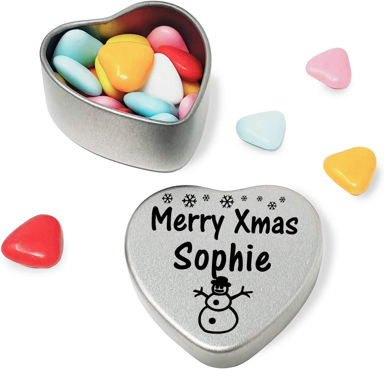 Gift In Can Merry Xmas Sophie Heart Shaped Mini Tin Gift filled with mini coloured chocolates perfect christmas card alternative for Sophie Fun Festive Snowman Design