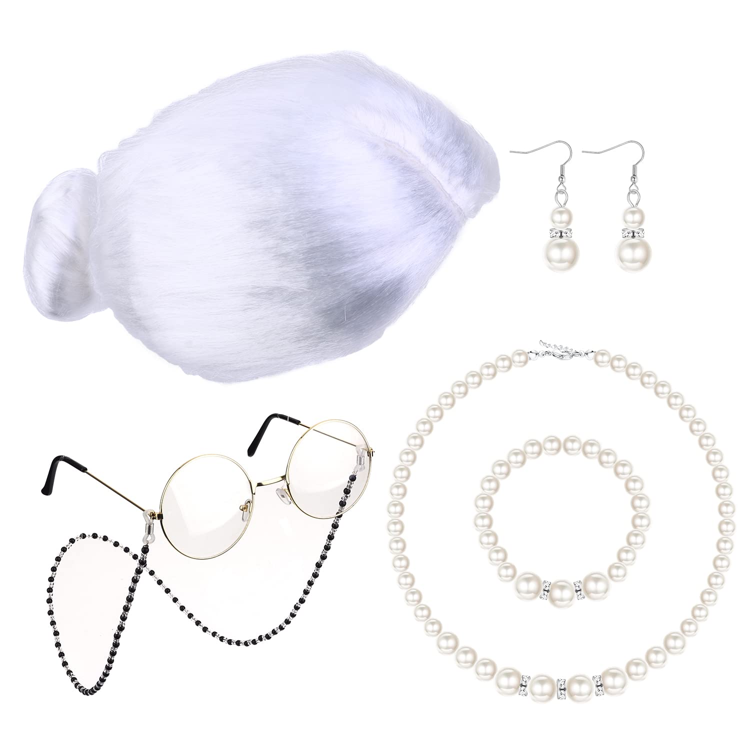 MILACOLATO Old Lady Costume Set Old Lady Wig Grandma Wig White Grey Black Granny Cap Bead Chain Cords Artificial Pearl Necklace Bracelet Earrings Adult Fancy Dress Accessories Fits All, WhiteOld