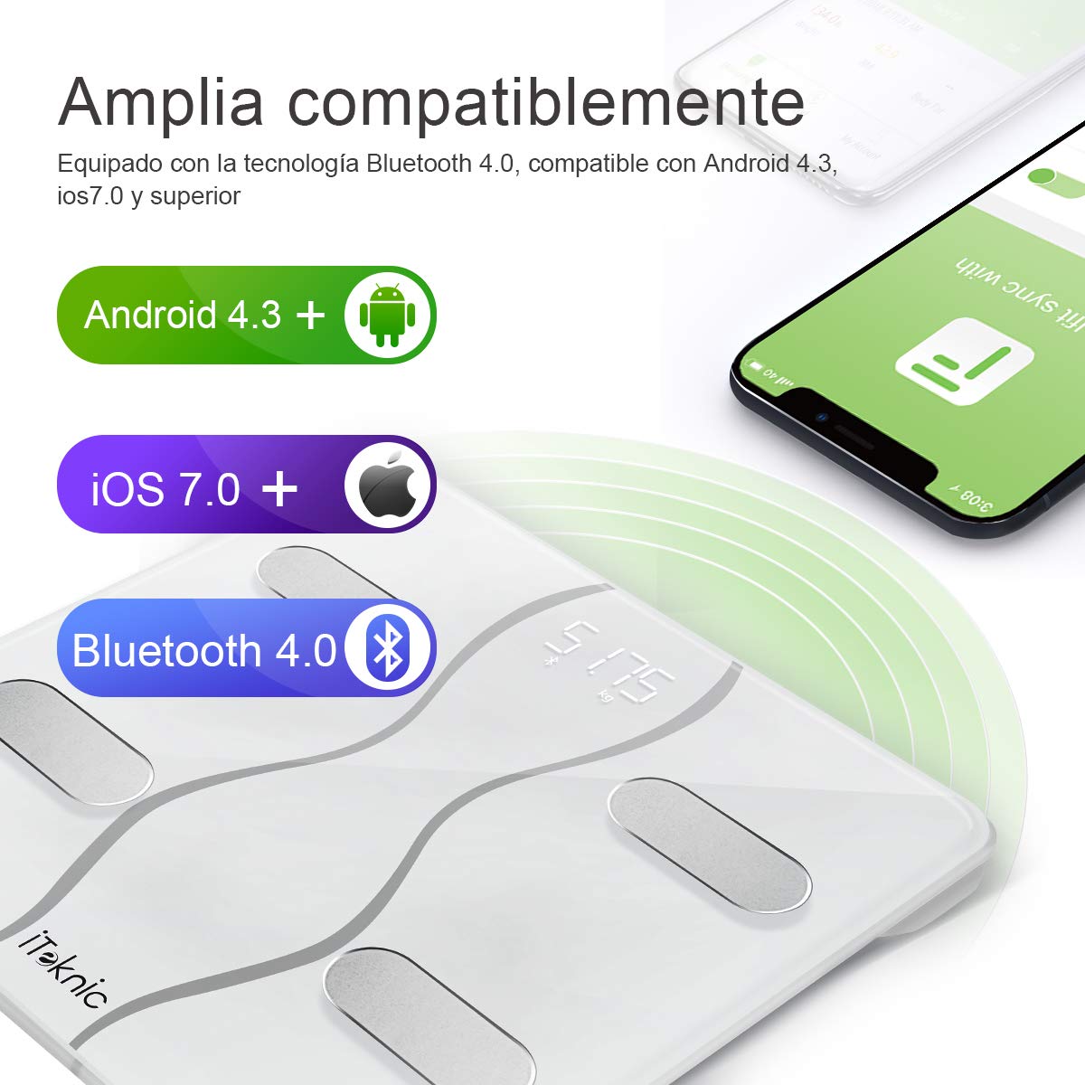iTeknic Báscula Inteligente Multifunciones con Bluetooth Puede Conectar con Smartphone Compatible la Sistema de Andriod 4.3 y IOS 8 o Superior con Tecnología BIA Detectar y Analizar los 13 Datos de su Cuerpo (Agua,Caloría,Peso,Grasa,BMR y e