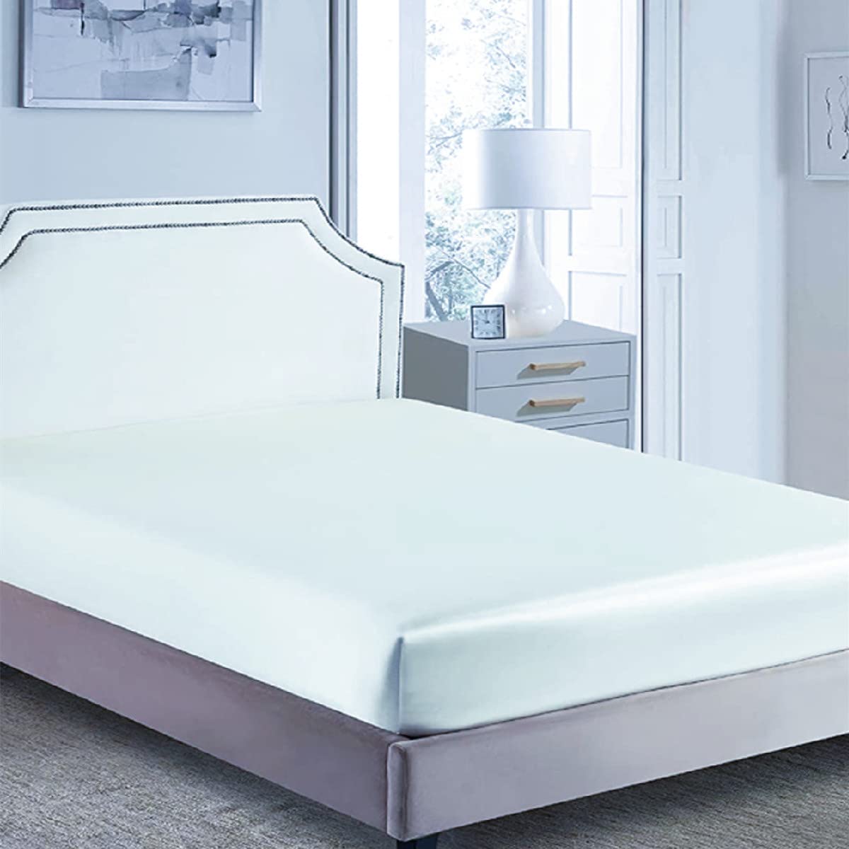 Silky Satin Fitted Sheet Only Classic Luxury Silky Soft Bed Sheets Solid Color (White, King(150/160x200+30cm))