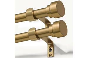 LOOTKELL 2 Pack Warm Gold Curtain Rods for Windows 48 to 84 Inches Adjustable Length Heavy Duty 1" Diameter Brass Window Curtain Rod with Solid Metal Finials for Outdoor Farmhouse Bedroom Kitchen Living Room
