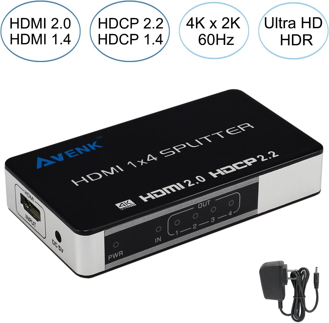 AVENK 1x4 4 Port HDMI 2.0 Splitter 1 in 4 Out Support HDR 4K@60Hz Ultra HD Compliant HDCP 2.2 with Power Adapter