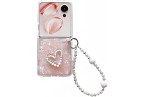 AULZAJU for Motorala Razr 2025/Razr 2024 Case Cute Love Heart Girly Design,Razr 2025 Phone Case Bling Glitter Pearl Back Soft Silicone Bumper with Bead Phone Strap for Moto Razr 2024 for Women Girls Pink