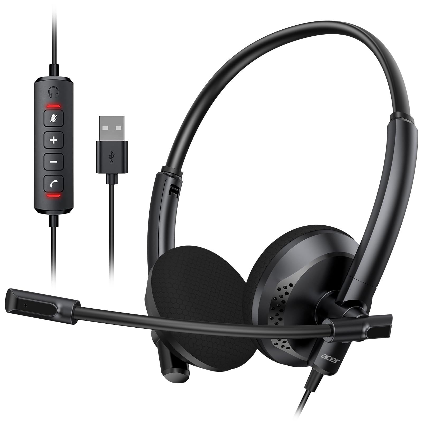acer USB Headset with Noise Cancelling Microphone, for PC Laptop - Wired Computer PC/Zoom/MS Teams/Skype/Webinars/Call Center and More, Lightweight On-Ear Design (Black)