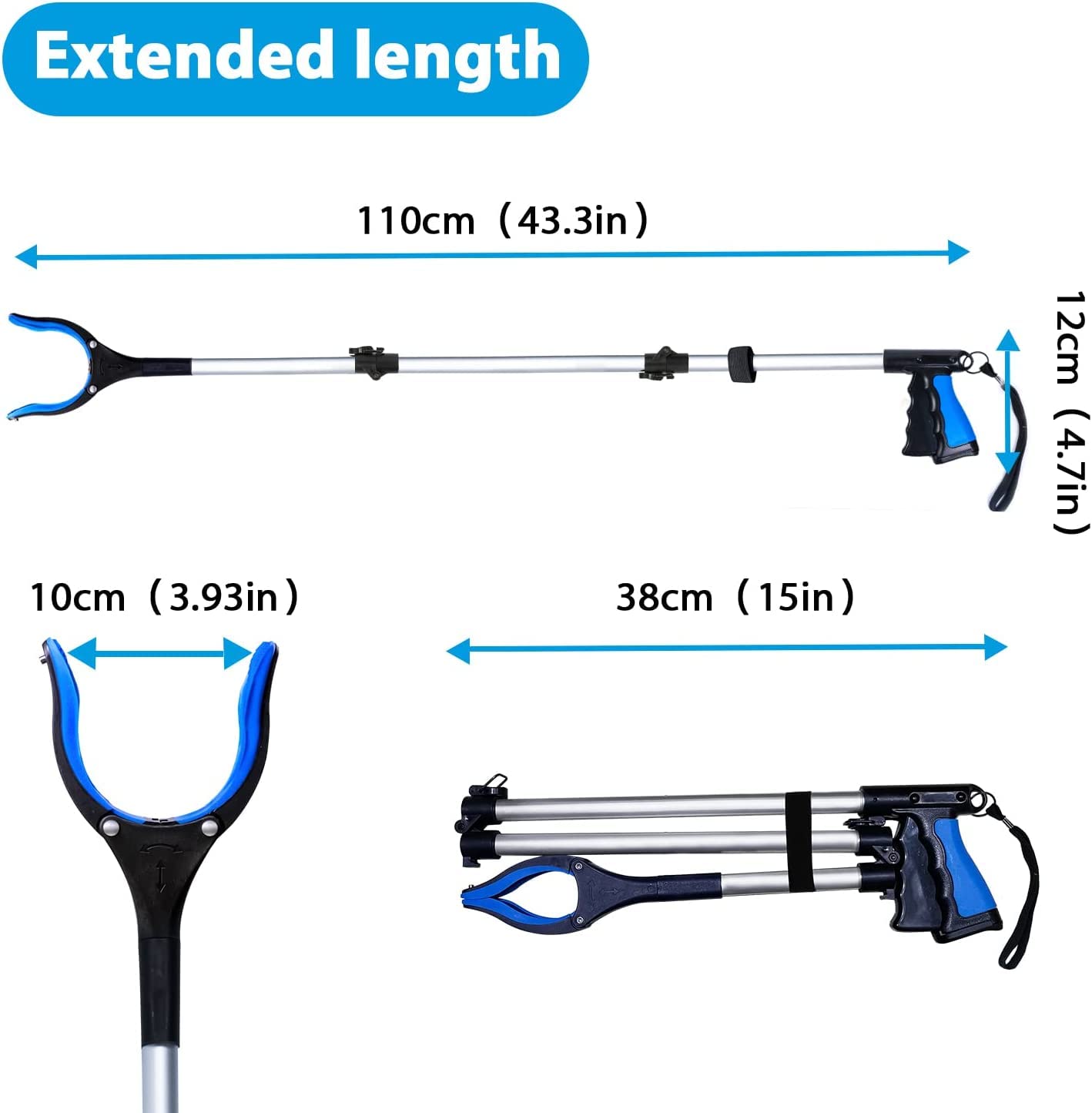 QAYSKYTY Reacher Grabber Pickup Tool 43 Inch, Extra Long Grabber Tool for Elderly + Magnets & Rotating Head, Sturdy Grabber Reacher Tool for Trash Pick Up - Mobility & Daily Living Aids
