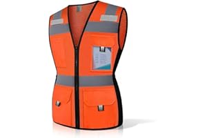 Uno Mejor Safety Vest for Women with 11 Pockets and Zipper, Mesh High Visibility Reflective Work Vest for Lady Surveyors/Workers/Drivers, Snug & Comfortable Fit, ANSI Compliant, (U-Orange, S)