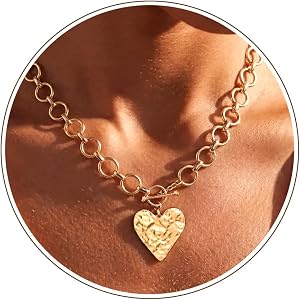 Poaiiu Chunky Heart Necklace for Women | 14K Gold Plated Hammered Heart Pendant O-Link Chain Necklace with Toggle Clasp, Wate