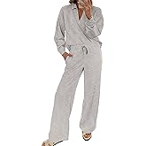 EVALESS Two Piece Sets for Women Lounge Sets Casual V Neck Sweatshirt and Wide Leg Sweatpants Matching Sets Women Clothing