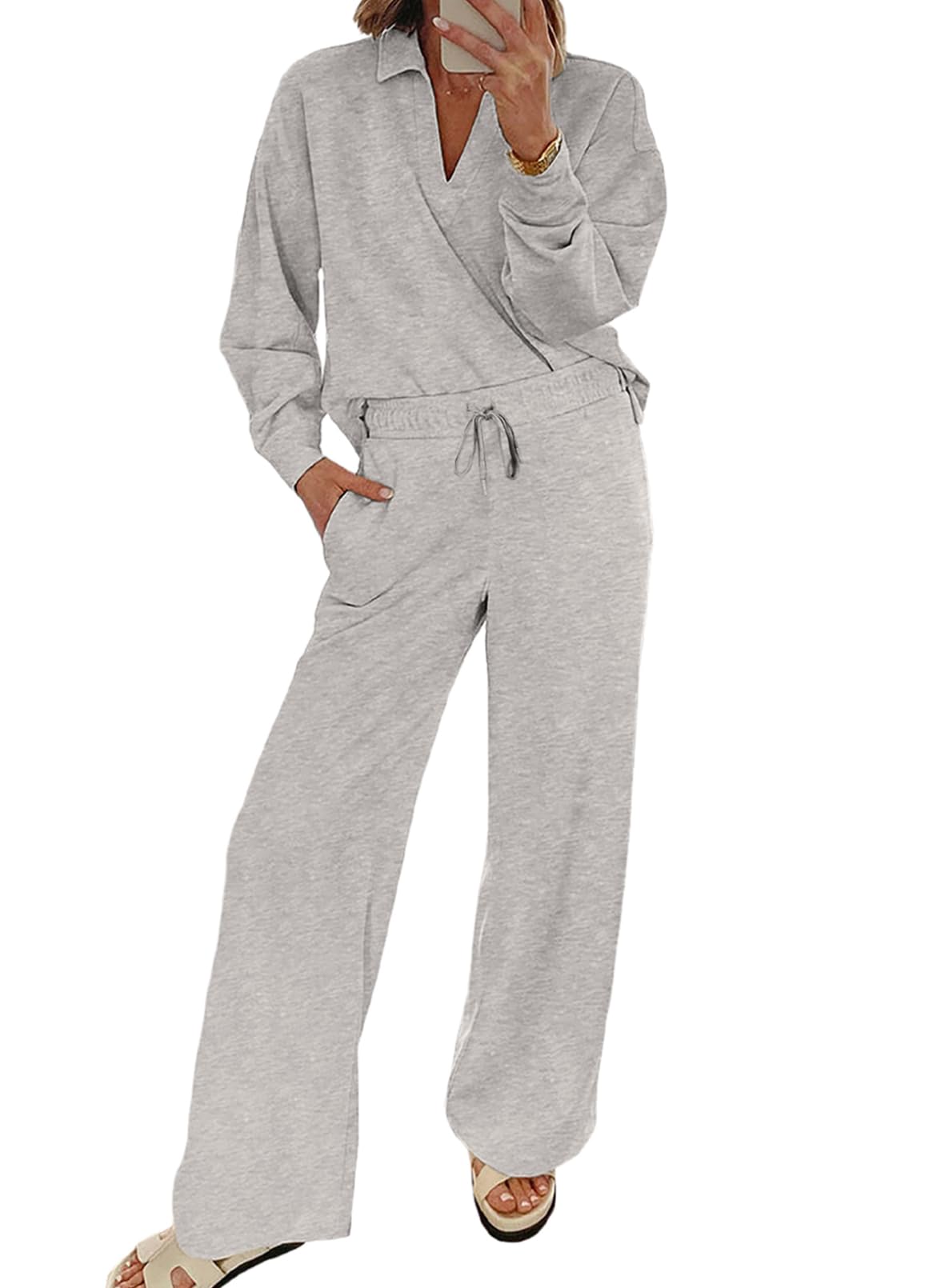 EVALESS 2 Piece Sets for Women Fall Spring 2025 Lounge Sets Casual Long Sleeve V Neck Sweatshirt and Wide Leg Sweatpants Sweatsuit Matching Sets Women Outfits Clothing Gray Medium