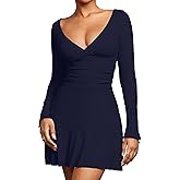 BEAGIMEG Women's Sexy Bodycon Long Sleeve Ruched Deep V A-Line Club Party Mini Dress