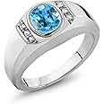 Gem Stone King Men's 925 Sterling Silver Swiss Blue Topaz and White Created Sapphire Ring (1.36 Cttw, Available in size 7, 8, 9, 10, 11, 12, 13)
