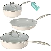 PRAMEDIA 5PC Induction Cookware Set with Tempered Glass Lids, Ultra Nonstick Pots and Pans Set with Stainless Steel Handle, Oven Safe and Dishwasher Safe, Non Toxic & Ceramic Cooking Set, Cream White