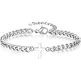 Cross Chain Bracelets for Men Women, Silver/Black Stainless Steel Cross Charms Men's Bracelet, Faith Religious Easter Catholic Christian God Jesus Communion Baptism Jewelry Gift Mens Link Bracelet