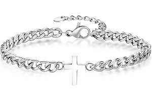 HISATAN Cross Chain Bracelets for Men Women, Silver/Black Stainless Steel Cross Charms Men's Bracelet, Faith Religious Easter Catholic Christian God Jesus Communion Baptism Jewelry Gift Mens Link Bracelet