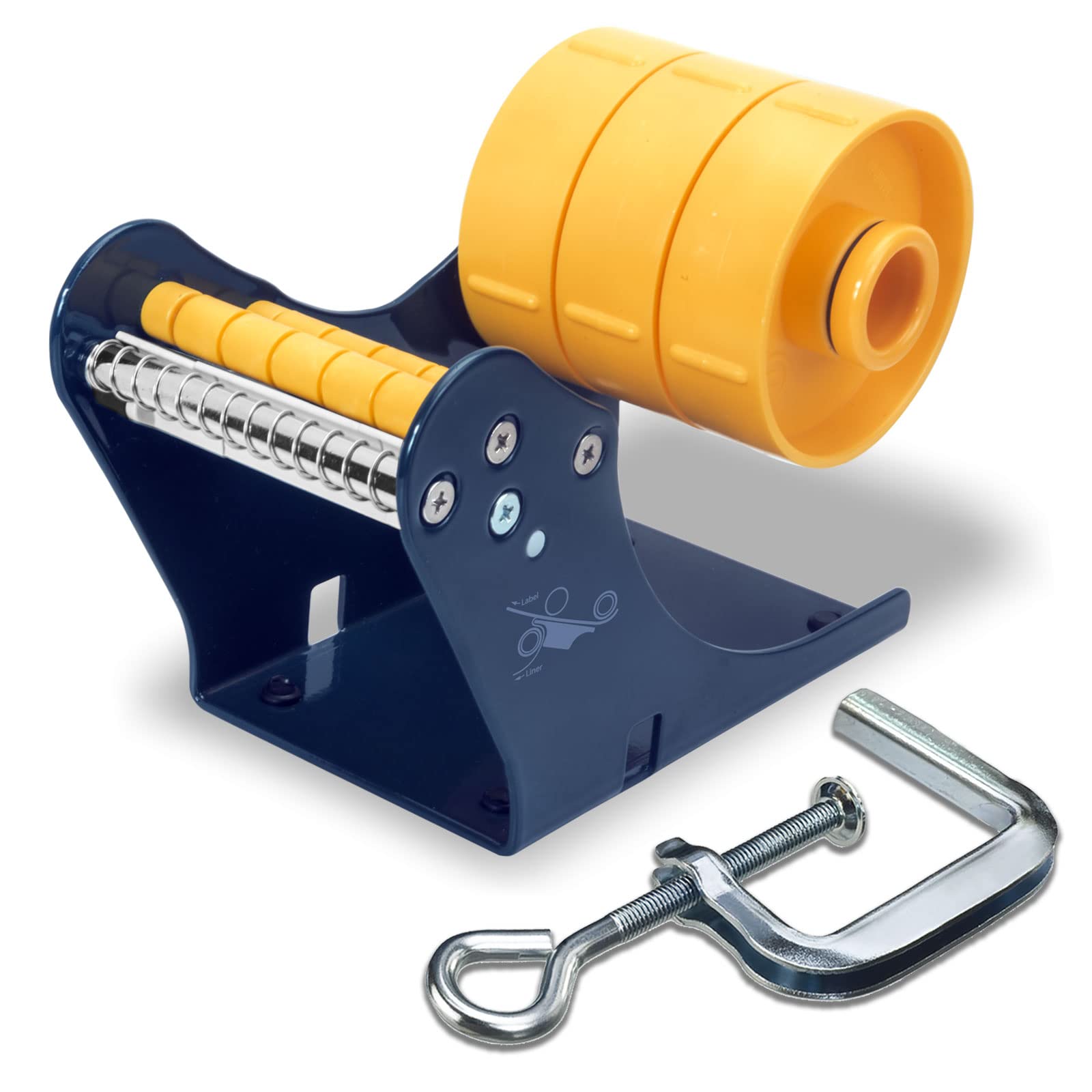 Excell Manual Label Dispenser with C-Clamp, 3” (77mm) Core, Multi-Track for 1” 2” or 3” Label Rolls, Easy Peel-Off Separator, Desktop Workstation Mount, Labels Not Included