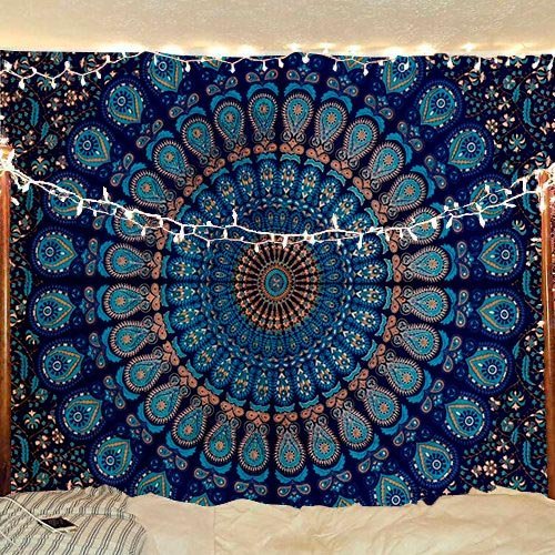 Popular Handicrafts Tapestry Wall Hanging Hippie Mandala Bohemian Hippy Psychedelic Design Indian Peacock Meditation Gypsy Tapestries Bedspread 54 x 60 Inches (140cm x 150cm) Turqouise
