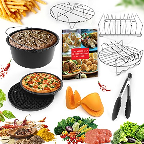 Universal Air Fryer Accessories 7 Inch Pizza Pan Cake Barrel Skewer Rack Silicone Mat Kitchen Tong Metal Holder Toast Rack Pinch Mitts Fit All 3.7QT/5.3QT/5.8QT By EBIGIC