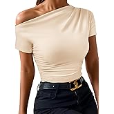 Off The Shoulder Tops for Women Going Out Summer Top Trendy Short Sleeve T Shirts Sexy Asymmetrical Blouses