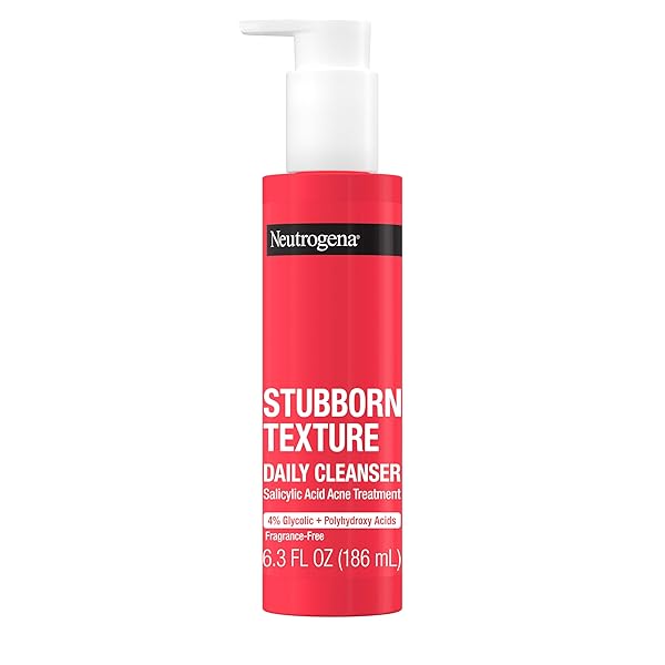NEUTROGENA STUBBORN TEXTURE DAILY ACNE FACIAL CLEANSER, SALICYLIC ACID FACE WASH + GLYCOLIC & POLYHYDROXY ACIDS, FRAGRANCE-FREE, 6.3 FL. OZ
