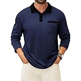 LuxMania Men's Casual Long Sleeve Polo Shirts Cotton Polos T Shirt Classic Button Collared Golf Shirt with Pocket Navy S