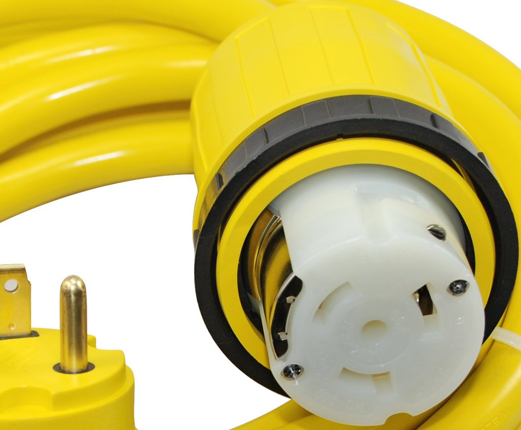 Conntek RV 30 Amp Male Plug to 50 Amp 125/250 Volt Locking Connector Cable with Glowing Strip (White, 25-Feet)