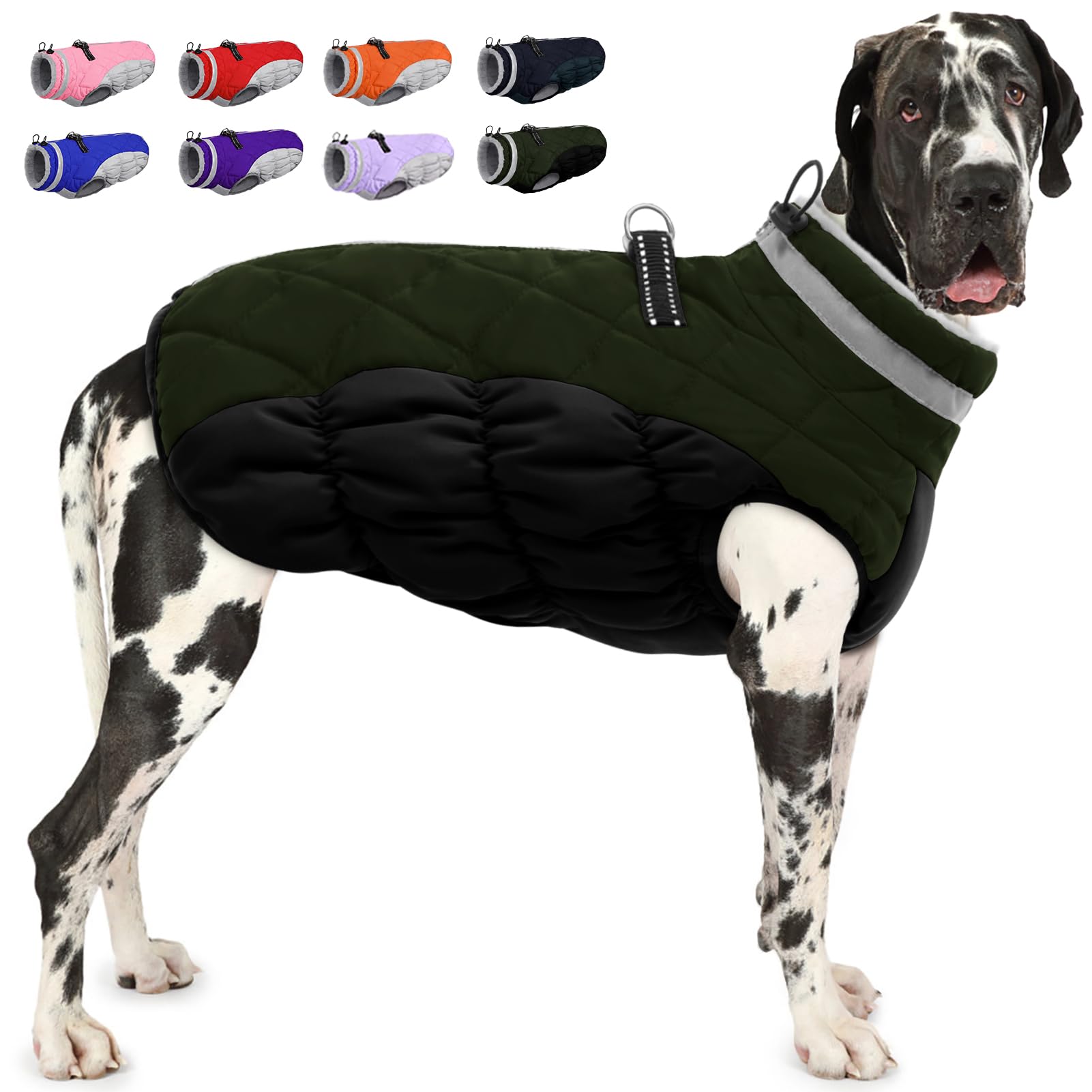 Photo 1 of AOFITEE Dog Coat, Warm Dog Winter Coat for Large Dogs, Reflective Turtleneck Dogs Jacket with Harness Built in, Waterproof Windproof Pet Puffer Jacket Fleece Vest for Cold Weather, Green XXXL
