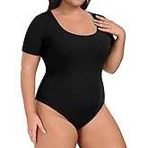 Lastshe Women Plus Size Bodysuit Short Sleeve Scoop Neck Casual Slim Fit Stretchy Bodysuits