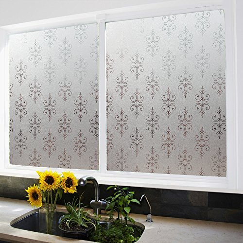 Vakker Bahay Vinyl Non Adhesive Privacy Window Film Static Cling UV Anti Frosted Window Film Crown Pattern Decorative Window Covering Film for Bathroom Office Home 17.7 x 78.7 inches (45CM by 200CM)