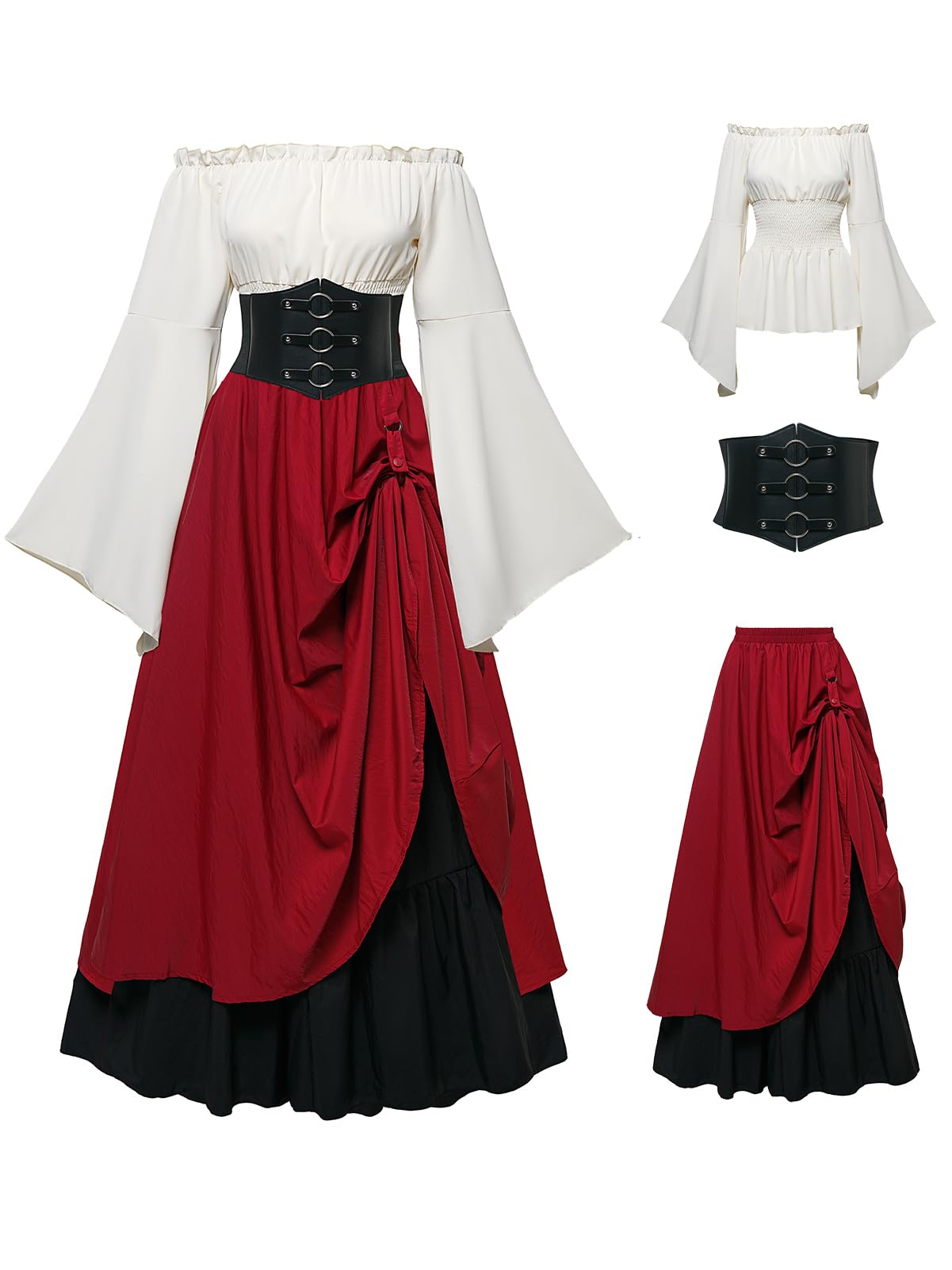 Photo 1 of FORTMAC Renaissance Costume Women Ren Faire Medieval Dress for Women with Corset Fairy Costume Halloween Red M