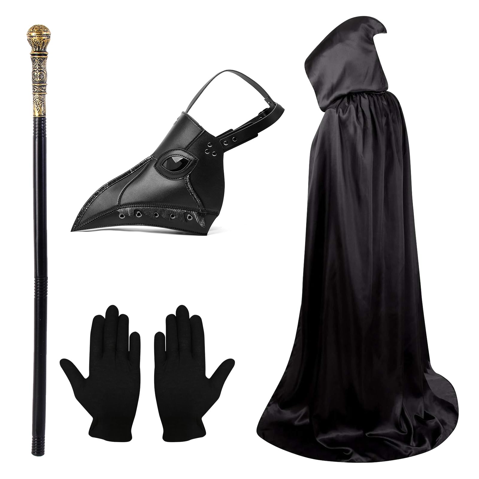Lifreer Halloween Plague Doctor Mask，Halloween Costume Props，Plague Doctor Costume，Steampunk Halloween Mask，Long Nose Bird Beak Mask w/ Gloves，Hooded Cloak Halloween Cosplay Party Men Women，Black D