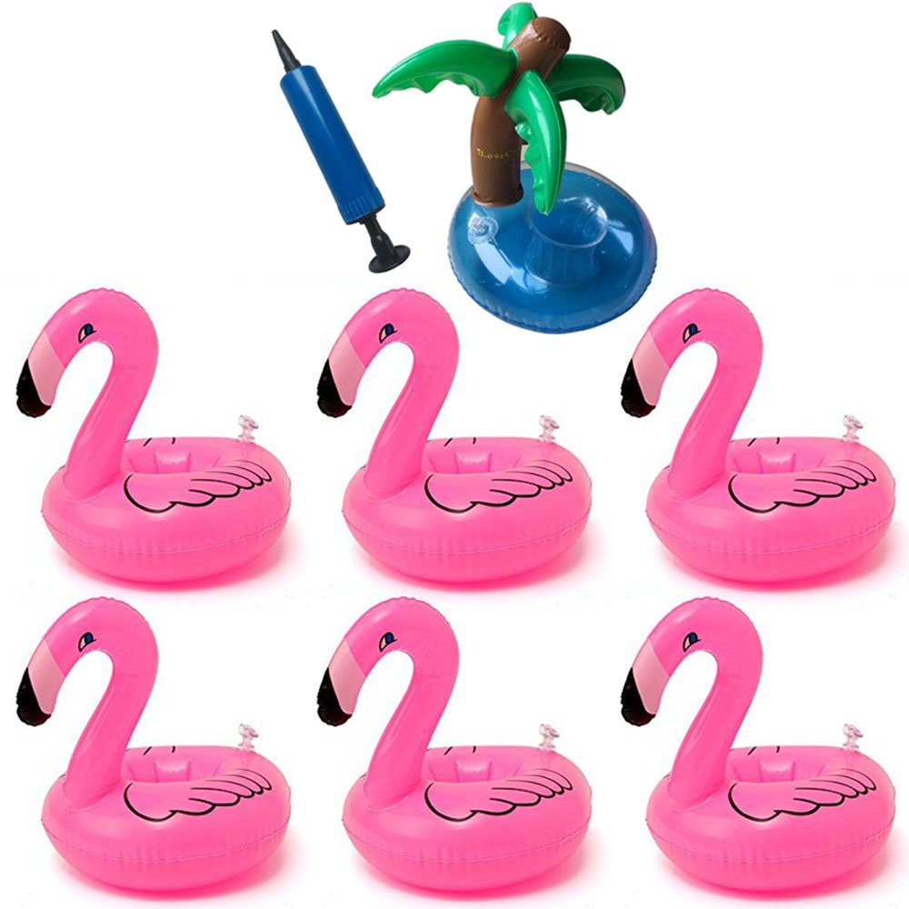 ResPai Inflatable Flamingo Coasters Palm Tree Drink Holders Swimming Pool Float Toys Poolside Accessories with Inflator, 8 in 1