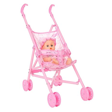 Decdeal Doll Stroller Baby Infant Doll Stroller Carriage Foldable with Doll for 12Inch Doll Mini Stroller Toys Gift Pink