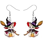 LONYOO Acrylic Halloween Witch Hat Black Cat Earrings Dangle Kitten Jewelry Black Cat Gifts for Women Party Favors