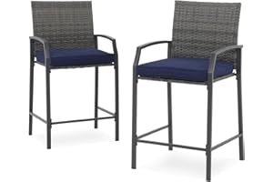 Verano Garden Patio Bar Chair Set of 2, All Weather Outdoor Rattan Bar Stools Chairs with Soft Cushion for Patio, Backyard, Porch, Garden or Poolside