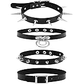 Tosmifairy 4 Pcs/Set, Long Spiked/Short Spikes/Buckle Black PU Leather Choker Collar Necklace for 80s 90s Punk Rock Women Men Biker Accessories