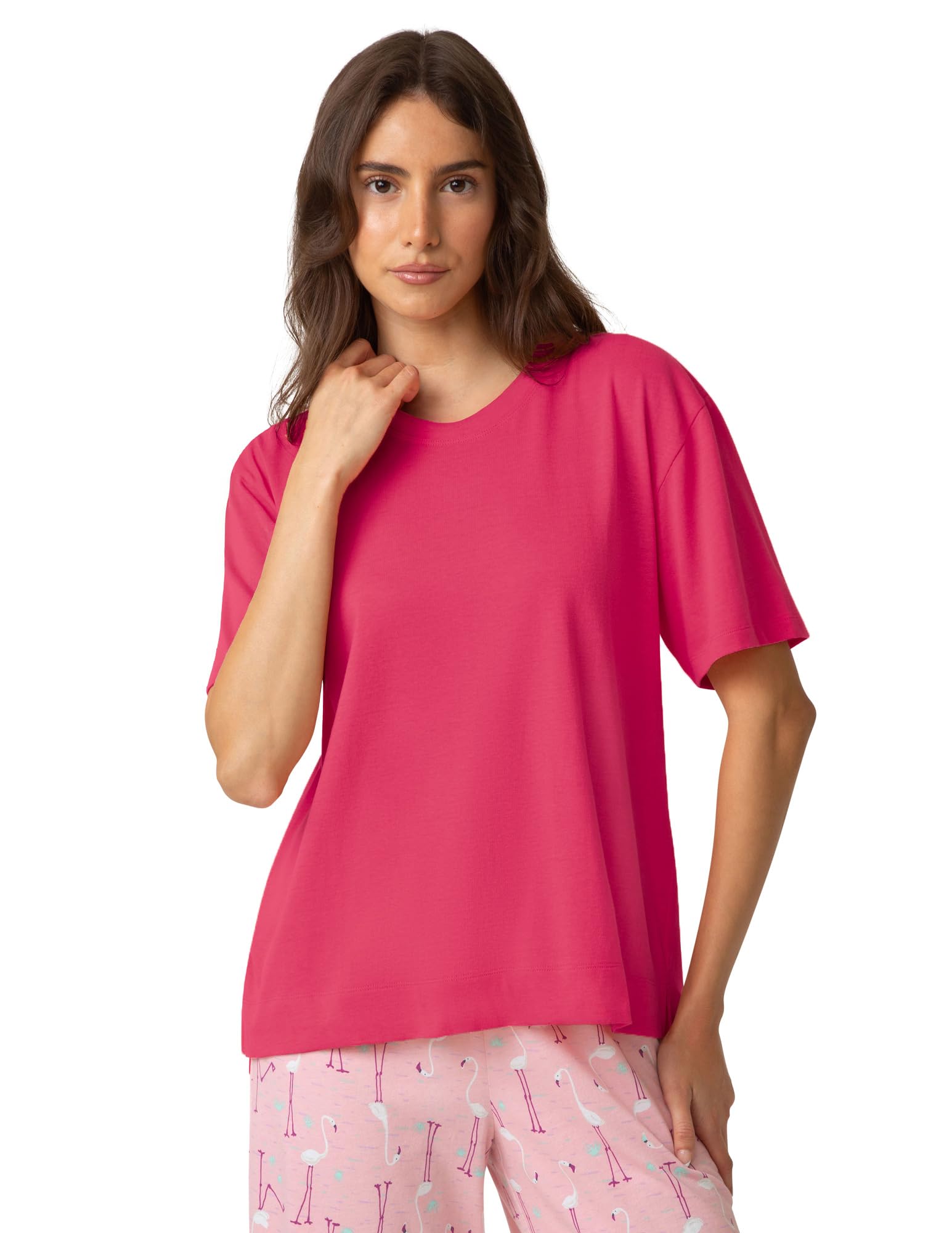 HUE Women’s Summer Vacation Pajama Separates, Soft, Whimsical Print Pjs with Tropical Beach Themes, Flip Flops, Cocktails, Azalea – Short Sleeve Boxy Tee, Large