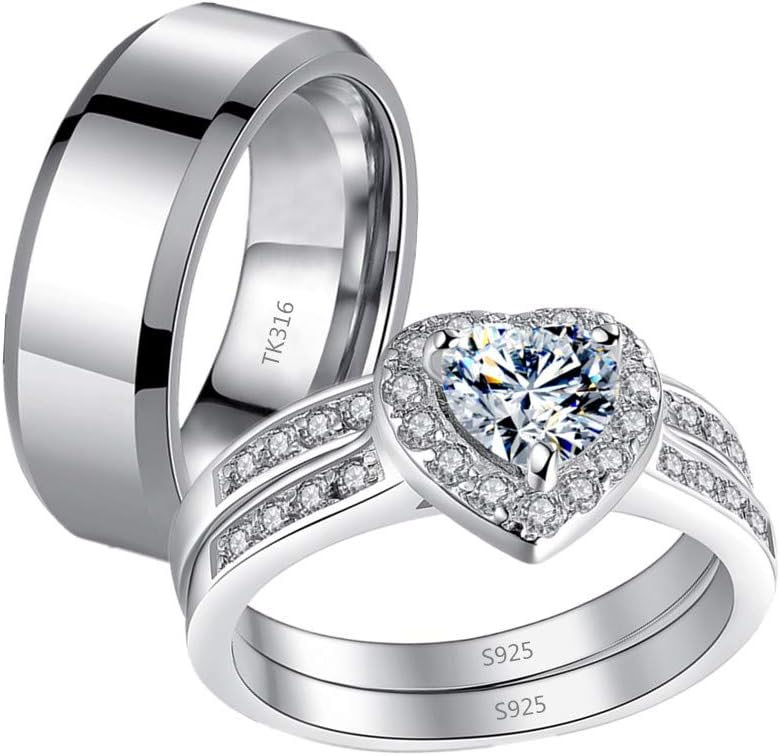 MABELLAHis Hers 3 Pcs Stainless Steel Matching Band Women Heart Cut Sterling Silver Wedding Engagement Ring Set