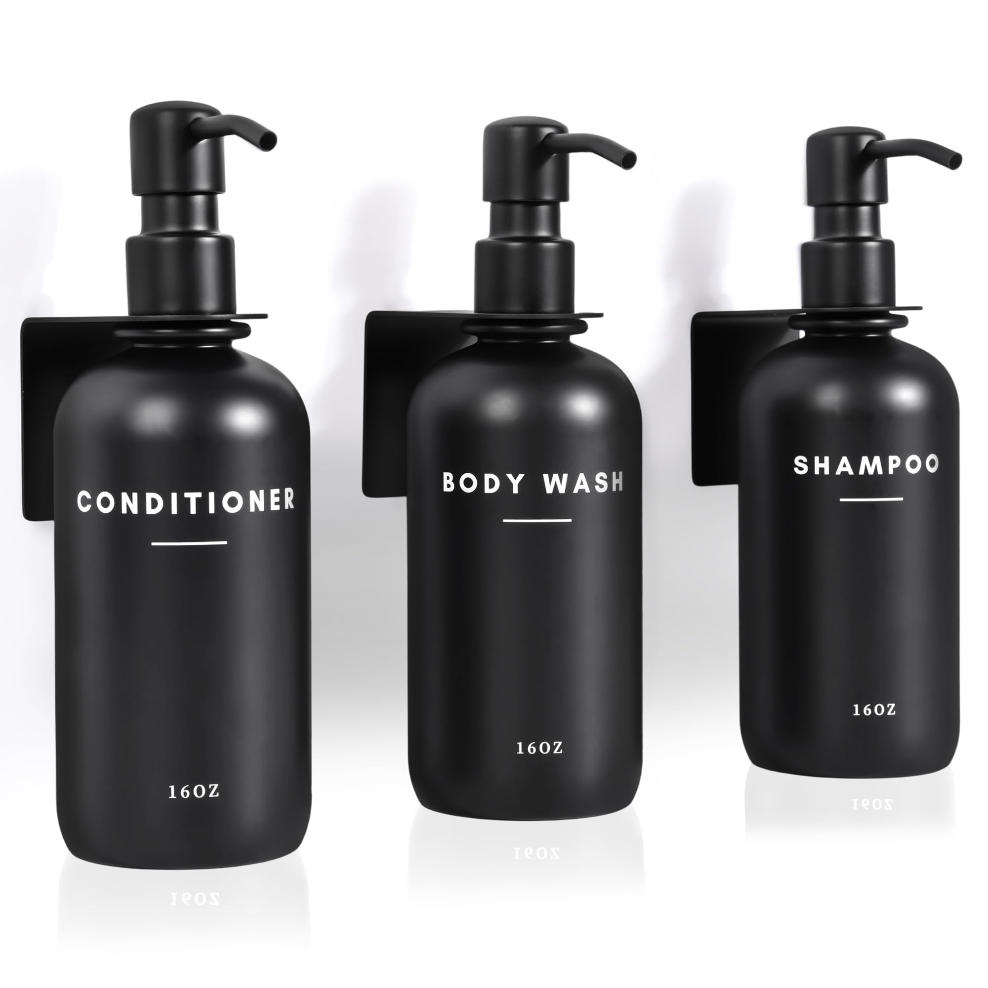 View 1 of ****MISSING ONE OF THE PUMP HEADS*** 
Set of 3 Shampoo and Conditioner Dispenser, 16oz Wall Mounted Shower Dispenser Stainless Steel Support, Easy to Replenish Stainless Steel Pump Head Durable Shower Soap Dispenser and Shampoo Dispenser