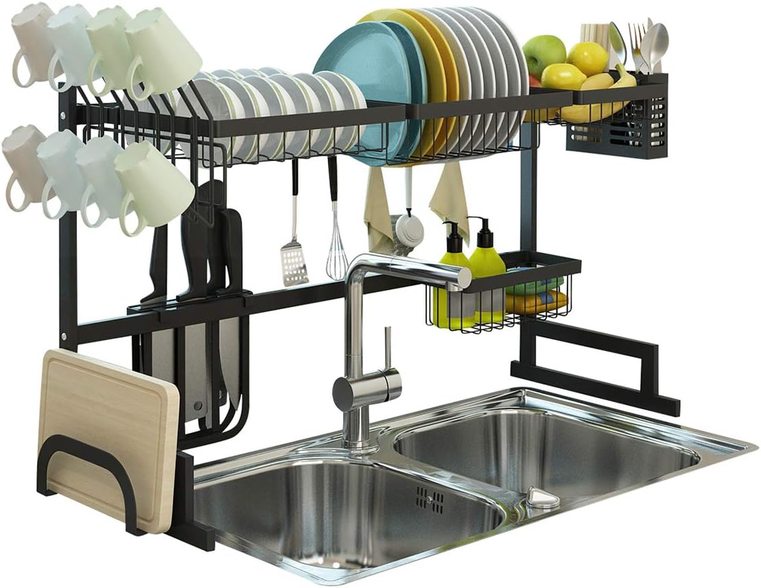 Over Sink Dish Drying Rack – Kitchen Organizer and Dish Drainer with 7 Interchangeable Racks and Caddies – Plus Bonus Wine Glass and Coffee Cup Rack