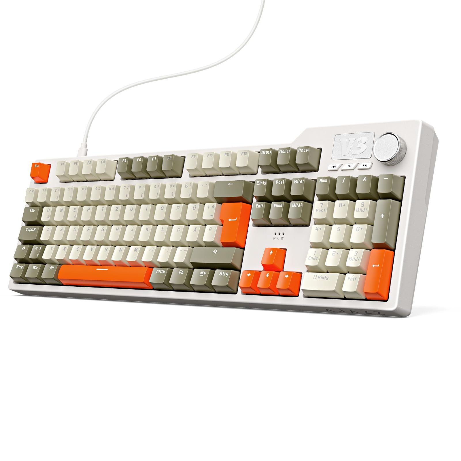 nacodex AJAZZ AK35I V3 Kabelgebundene Mechanische Tastatur, 104 Tasten Gaming Tastatur, Ausgestattet Mit Multimedia-Tasten Und Drehknopf, Mit Deutschem QWERTZ-Tastaturlayout, Grau Beige Orange