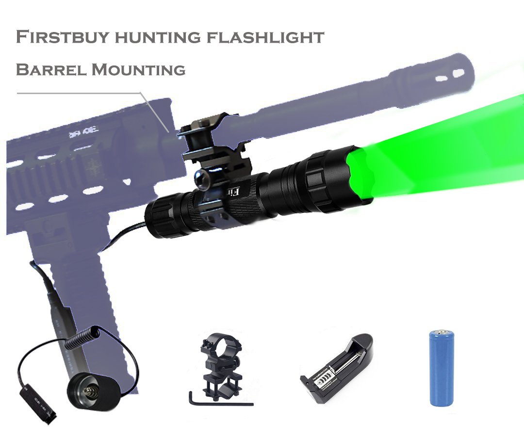 LENPOW Green Hunting Light Portable Torch Lantern Handeld Lamp Water Resistant Tactical LED Flashlight with Barrel and Rail Mount, Remote Pressure Switch, 18650 Rechargeable Battery, Battery Charger