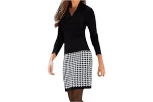 WPOUMV Women's Elegant Houndstooth Dress Casual Long Sleeve V Neck Patchwork Dress Work Office Trendy Slim Mini Dresses