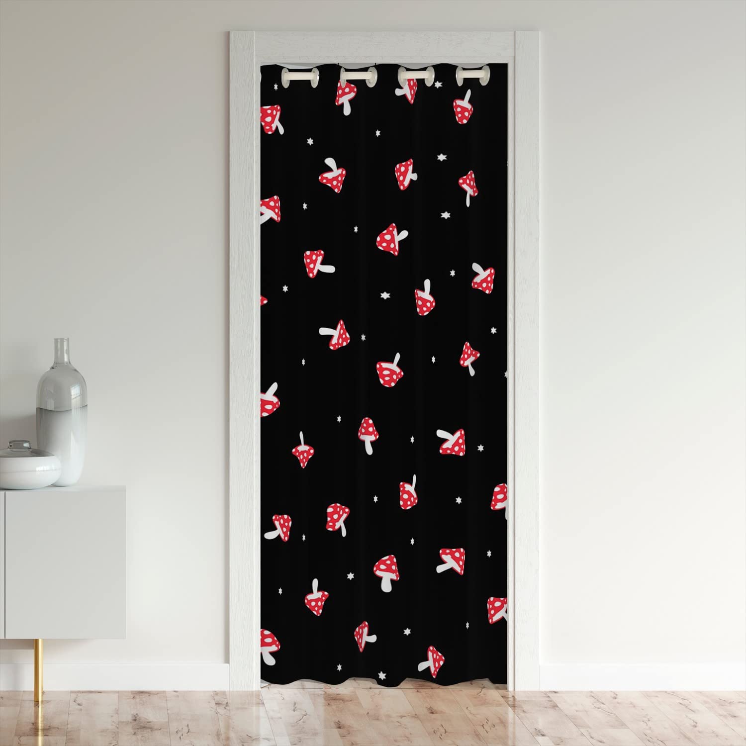 Loussiesd Mushroom Doorway Curtain Privacy Kawaii Mushrooms Door Cover Curtain Cartoon Red Black Botanical Stars Soft Cozy Carpet Decor 132x203cm 1 Panel