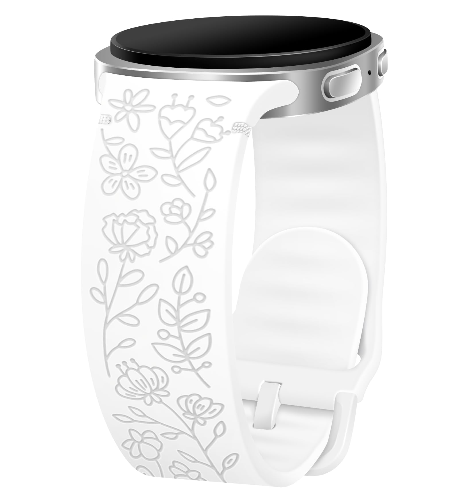Vieeki Floral Bands Compatible with Samsung Galaxy Watch 8 Band 40mm 44mm /8 Classic 46mm (22mm Engraved Flowers Silicone Strap for Women Men) White