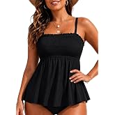 Womens Tankini Swim Tops Bandeau Bathing Suit Top No Bottom | Removable Straps and Pads, Tummy Control Flowy Design