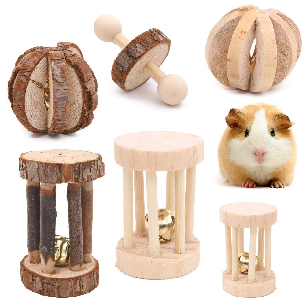 Winterworm 6 Pcs Wooden Chew Gnaw Throw Roll Toss Toys Hamster Mice Chinchillas Rabbit Gerbil Guinea Pig Toys