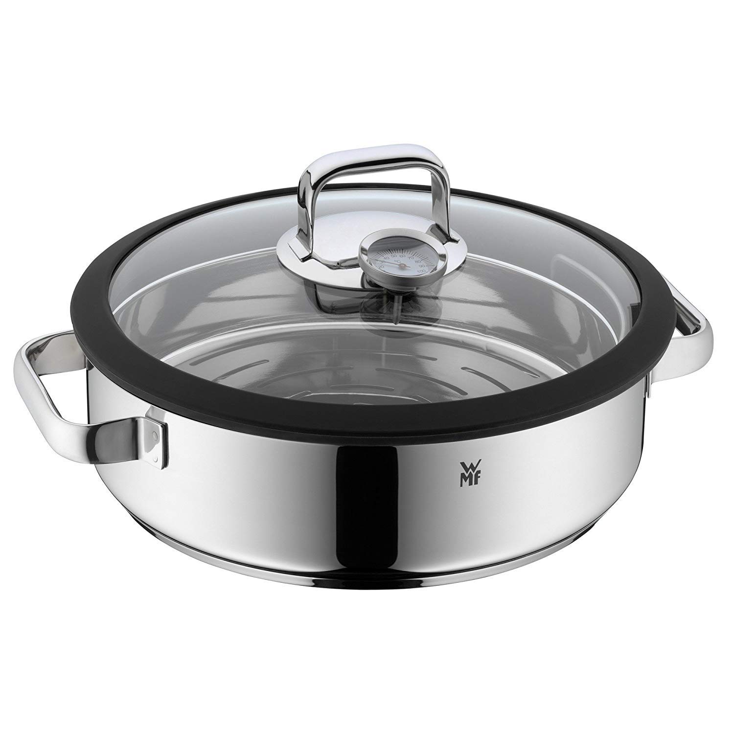 WMF Vitalis Aroma Dampfgarer 28 cm, Dampfgarer Topf, Bräter rund 5,0l, Dampfgartopf, Glasdeckel mit Silikonrand, Garthermometer, Garblech, Cromargan Edelstahl unbeschichtet, backofenfest